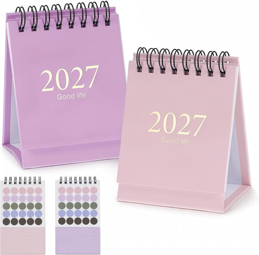 Custom Mini Desktop Calendar Printing Standing Flip Twin-Wire Binding, Flip Design, Compact Standing Style, 0.9cm Round Marking Stickers
