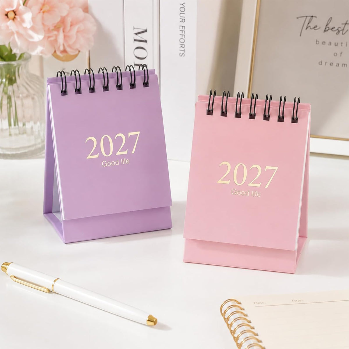 Custom Mini Desktop Calendar Printing Standing Flip Twin-Wire Binding, Flip Design, Compact Standing Style, 0.9cm Round Marking Stickers