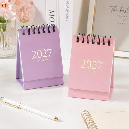 Custom Mini Desktop Calendar Printing Standing Flip Twin-Wire Binding, Flip Design, Compact Standing Style, 0.9cm Round Marking Stickers