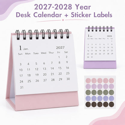 Custom Mini Desktop Calendar Printing Standing Flip Twin-Wire Binding, Flip Design, Compact Standing Style, 0.9cm Round Marking Stickers