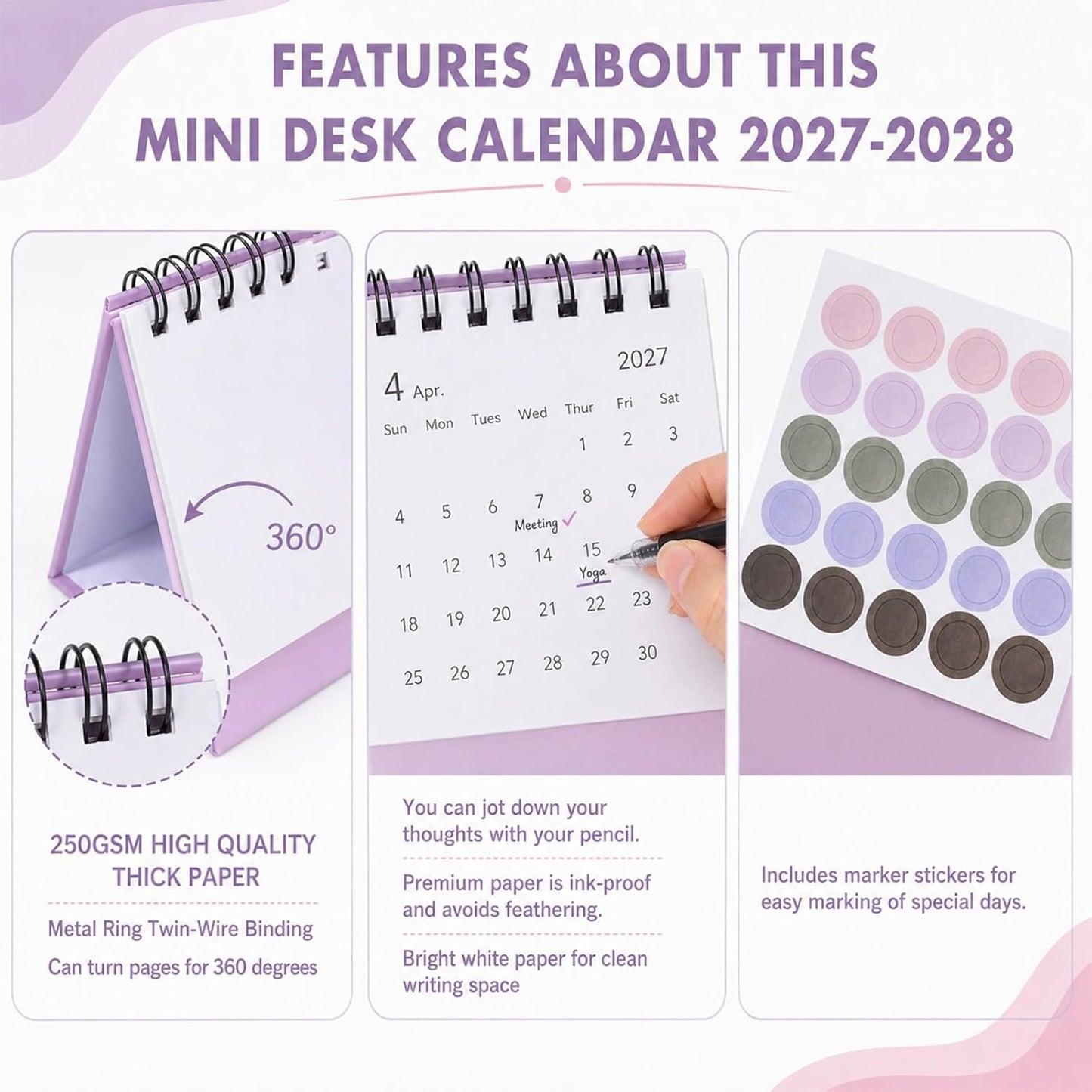 Custom Mini Desktop Calendar Printing Standing Flip Twin-Wire Binding, Flip Design, Compact Standing Style, 0.9cm Round Marking Stickers