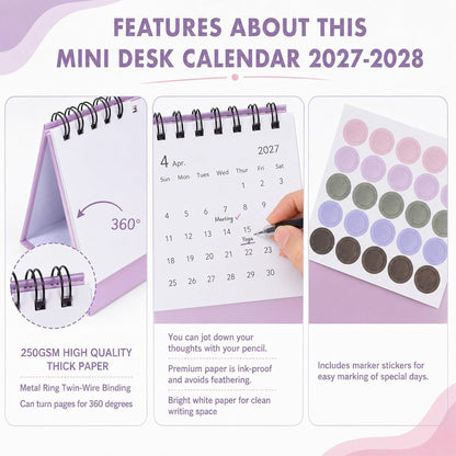 Custom Mini Desktop Calendar Printing Standing Flip Twin-Wire Binding, Flip Design, Compact Standing Style, 0.9cm Round Marking Stickers