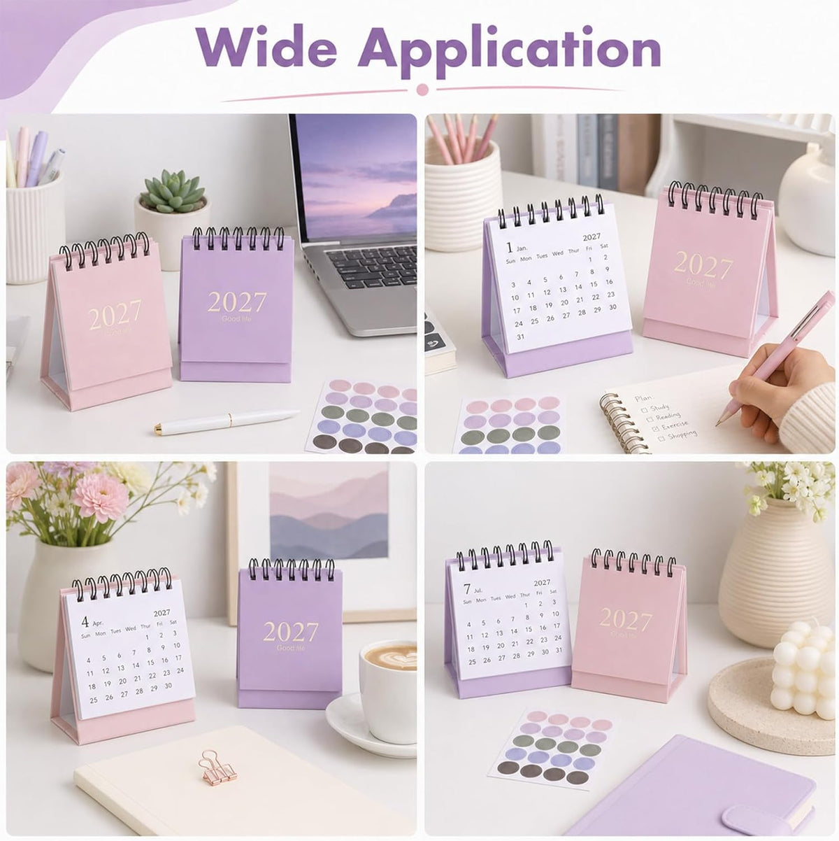 Custom Mini Desktop Calendar Printing Standing Flip Twin-Wire Binding, Flip Design, Compact Standing Style, 0.9cm Round Marking Stickers