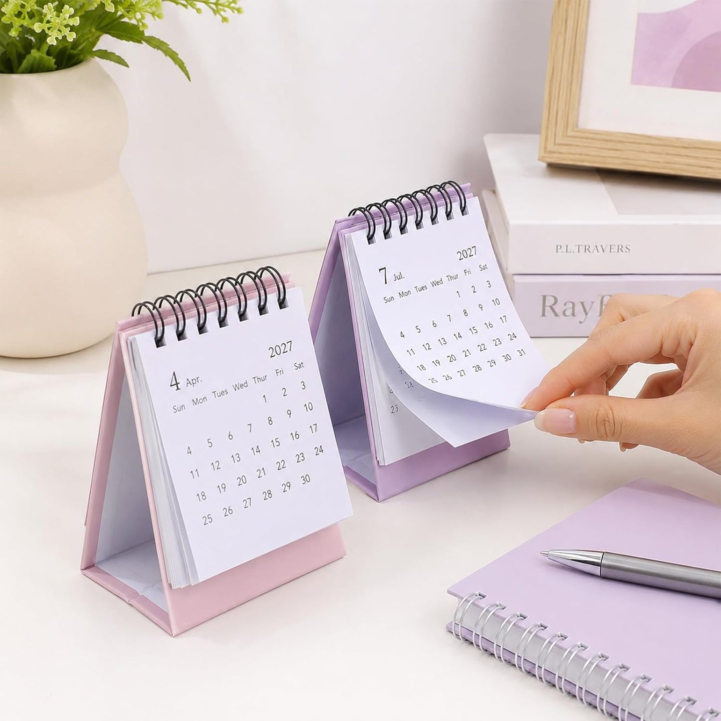 Custom Mini Desktop Calendar Printing Standing Flip Twin-Wire Binding, Flip Design, Compact Standing Style, 0.9cm Round Marking Stickers