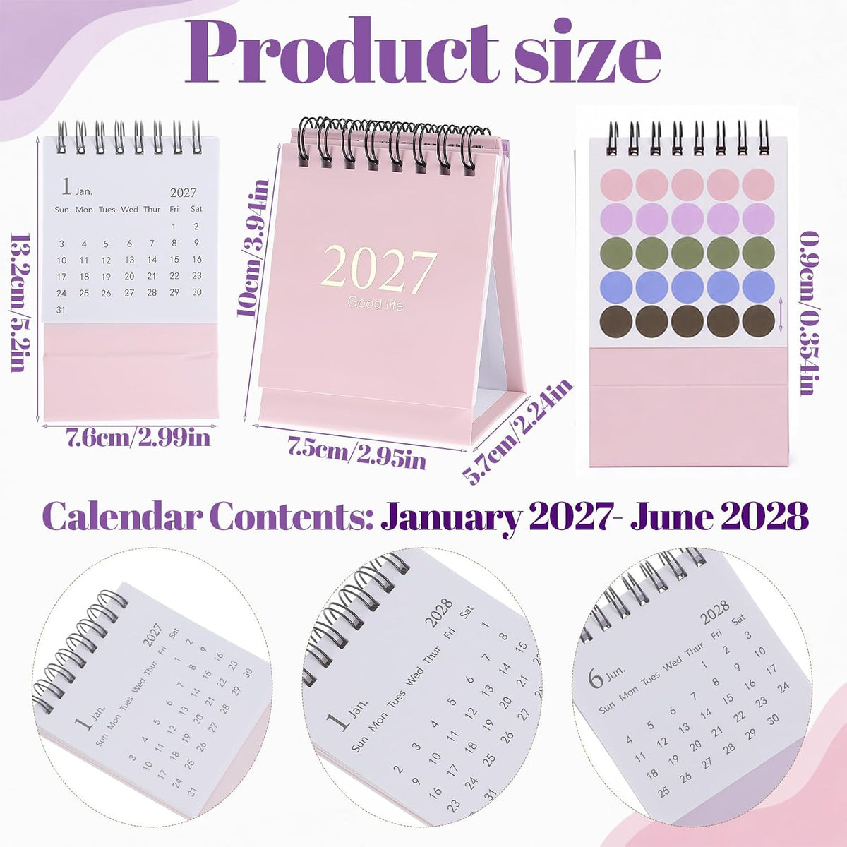 Custom Mini Desktop Calendar Printing Standing Flip Twin-Wire Binding, Flip Design, Compact Standing Style, 0.9cm Round Marking Stickers